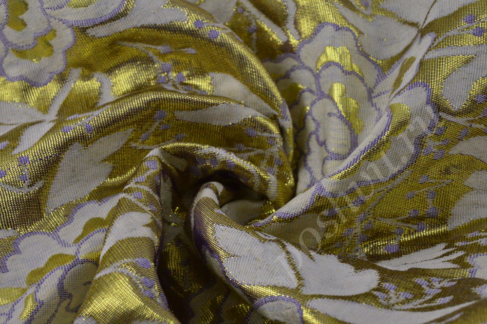 Ткань умопомрачительная парча золотого цвета с пионами и листьями