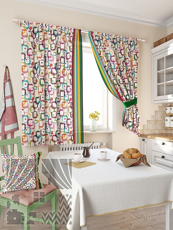 Яркий комплект готовых штор с разноцветным абстрактным рисунком для кухни