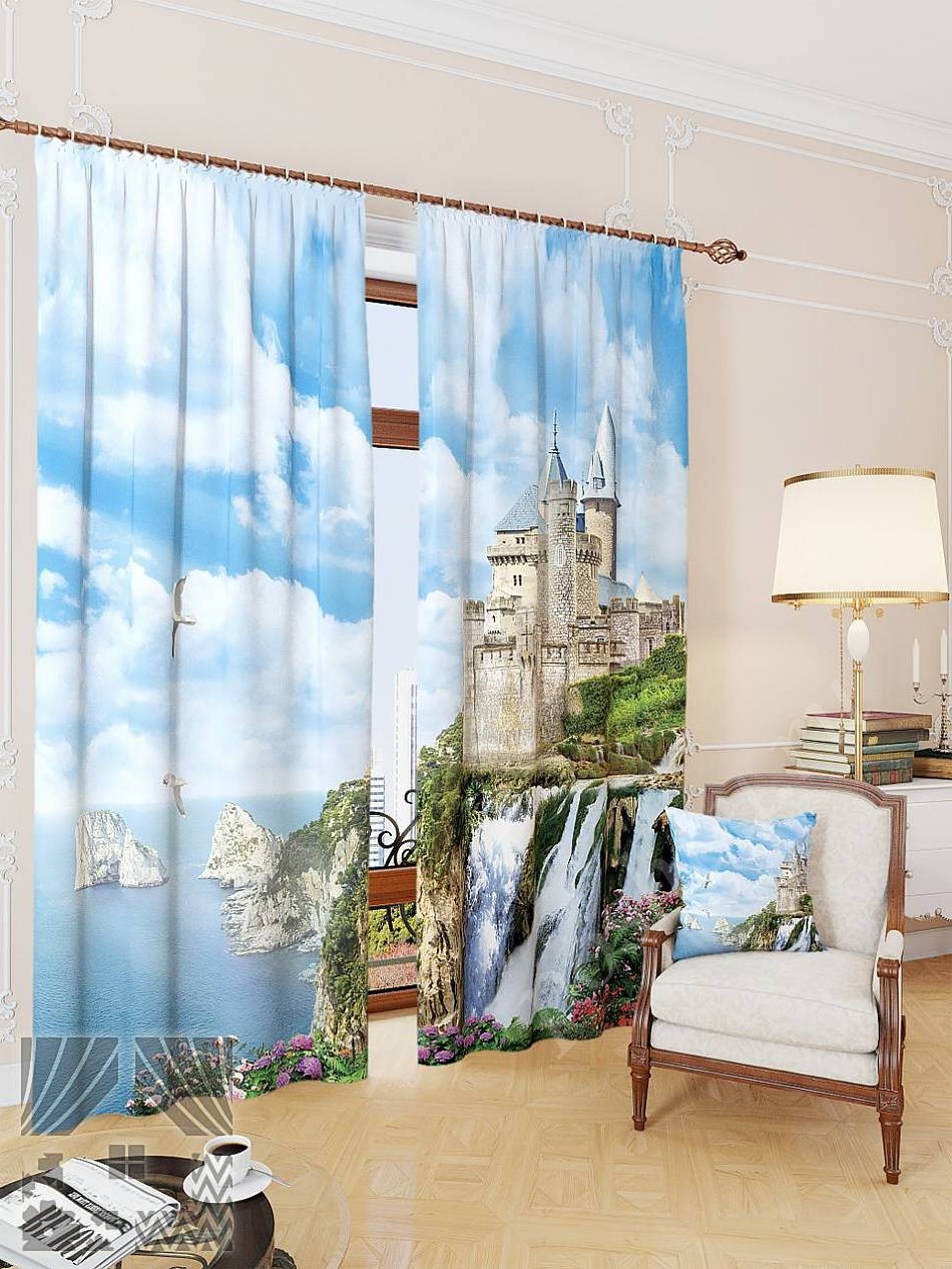 Комплект готовых фото штор с изображением замка на скалистом морском берегу для гостиной или детской