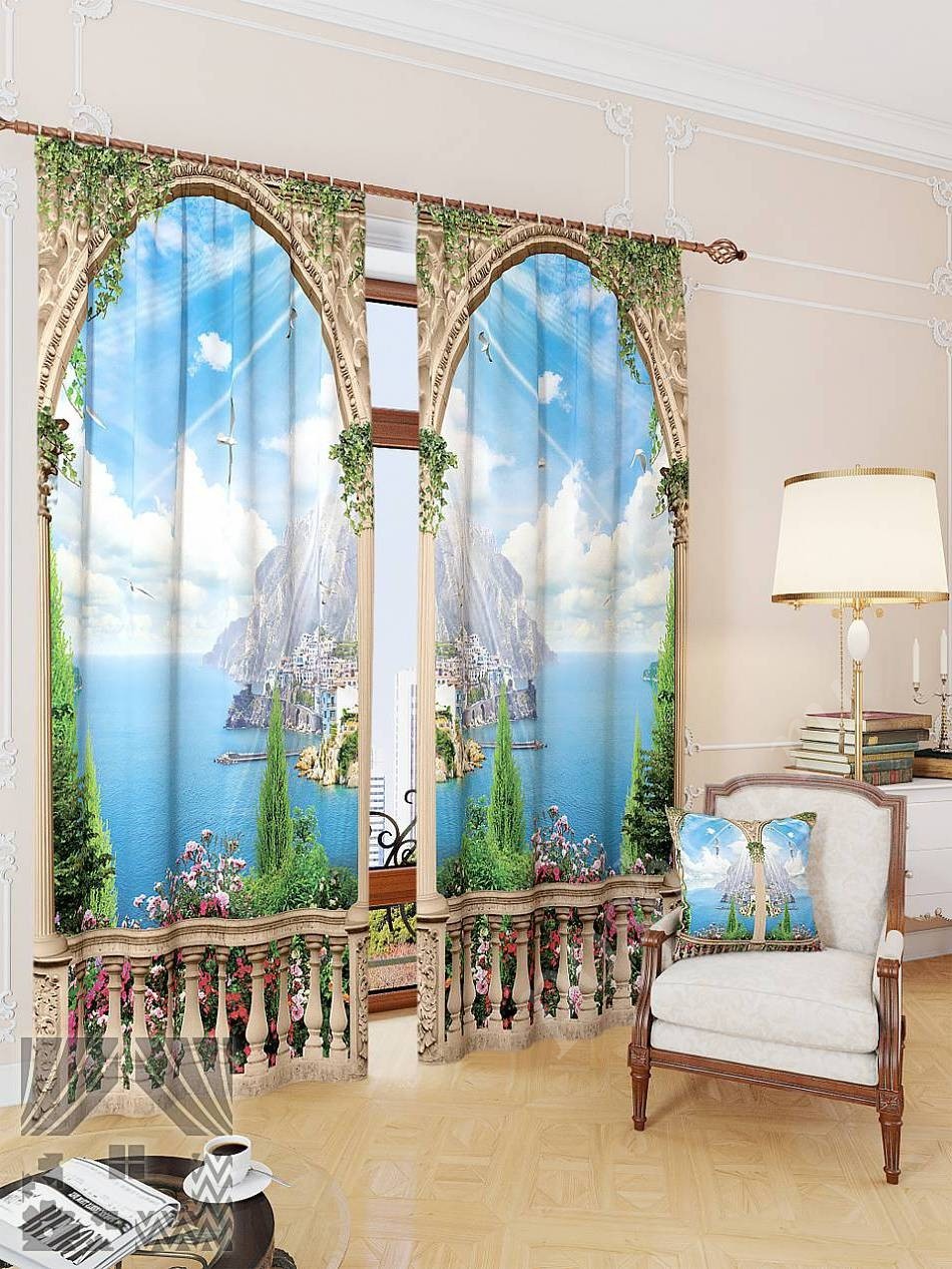 Комплект готовых фото штор с изображением арочного балкона с видом на морской остров для гостиной