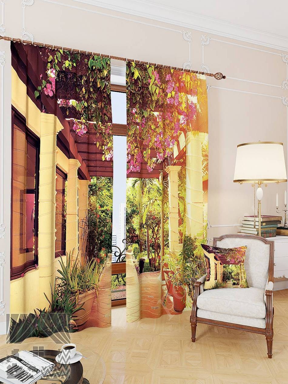 Комплект готовых фото штор с изображением фасада дома с террасой-перголой с выходом в сад для гостиной