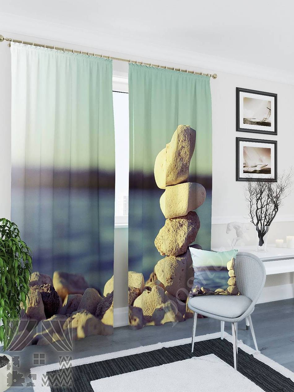Комплект готовых фото штор с изображением камней на берегу озера для гостиной или спальни