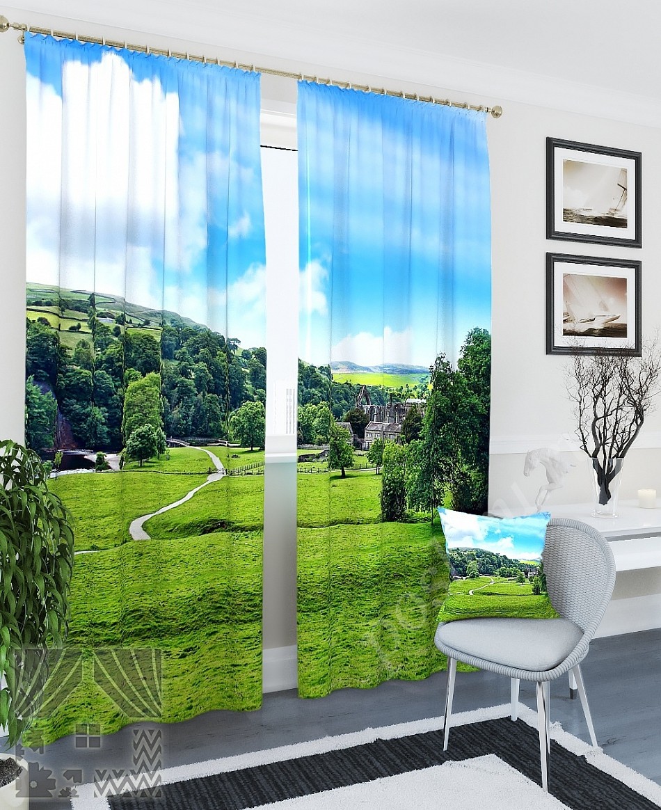 Комплект готовых фото штор с изображением летнего пейзажа и замка для гостиной