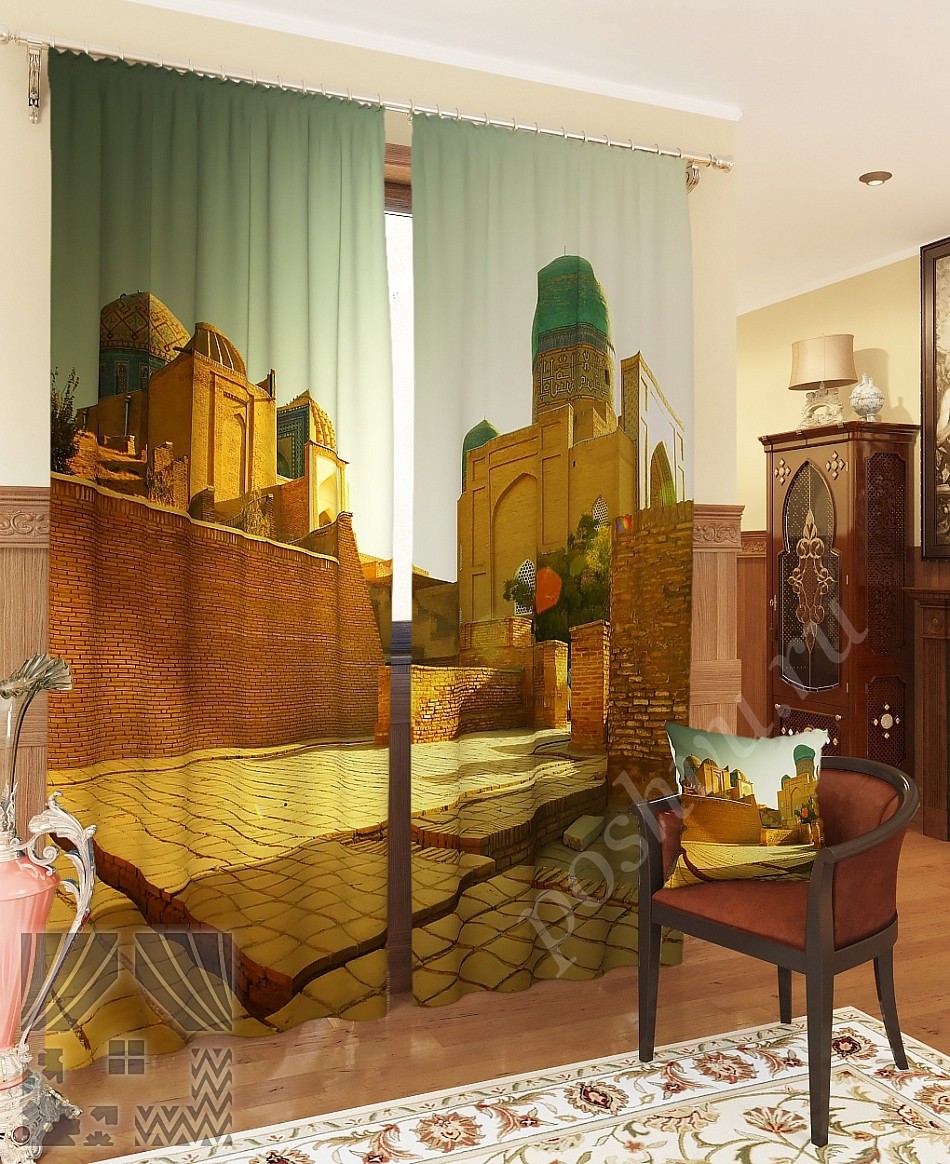 Комплект готовых фото штор с изображением рассвета над двором мечети для гостиной