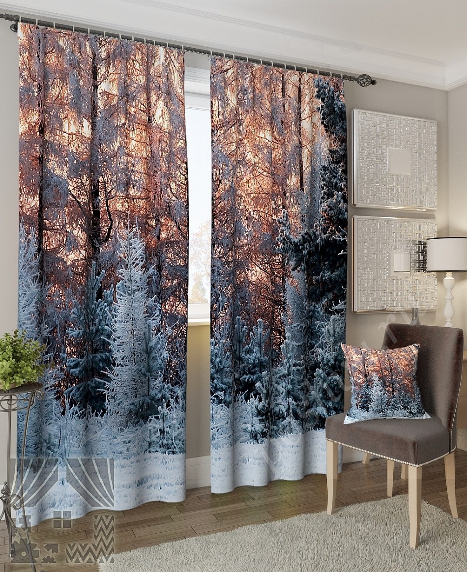 Комплект готовых фото штор с изображением вечернего зимнего леса для гостиной