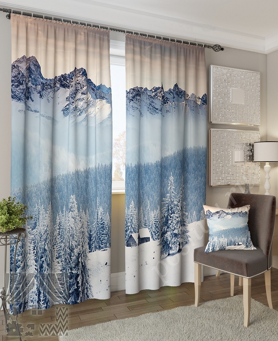 Комплект готовых фото штор с изображением заснеженных горных вершин для гостиной или спальни