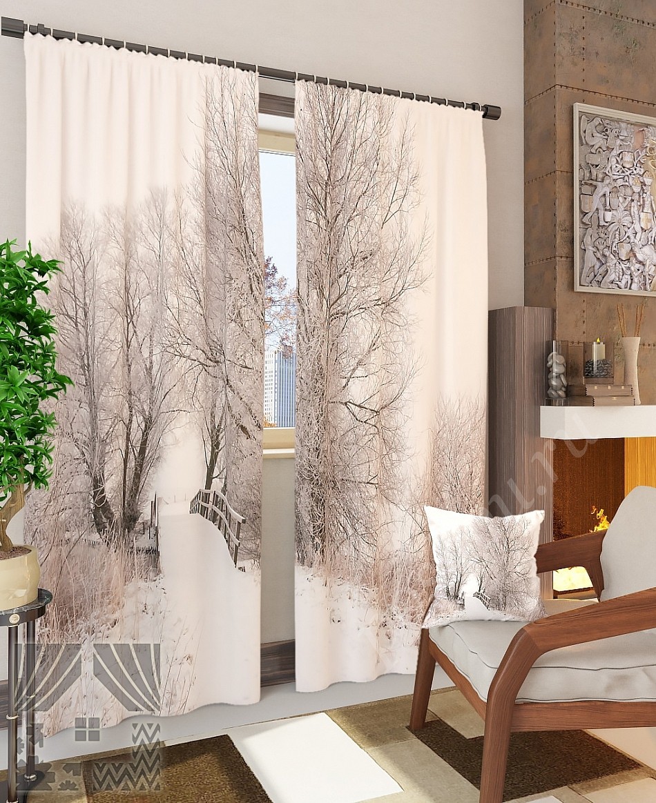Комплект готовых фото штор с изображением зимнего леса для гостиной или спальни