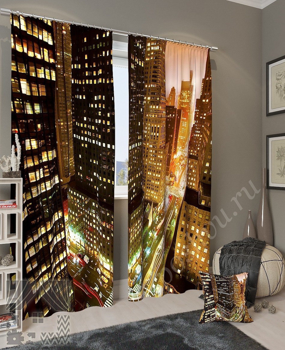 Комплект готовых фото штор с изображением перекрестка с небоскребами для гостиной или спальни