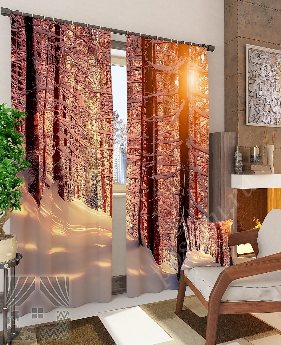 Красивый комплект готовых фото штор с изображением зимнего леса для гостиной или спальни
