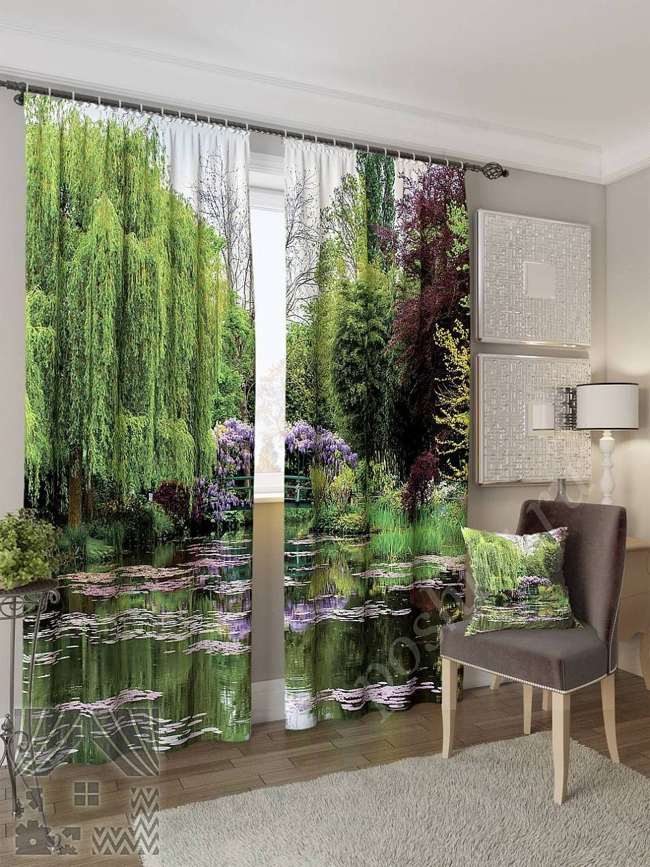 Красочный комплект готовых фото штор с изображением пруда в цветущем лесу для гостиной