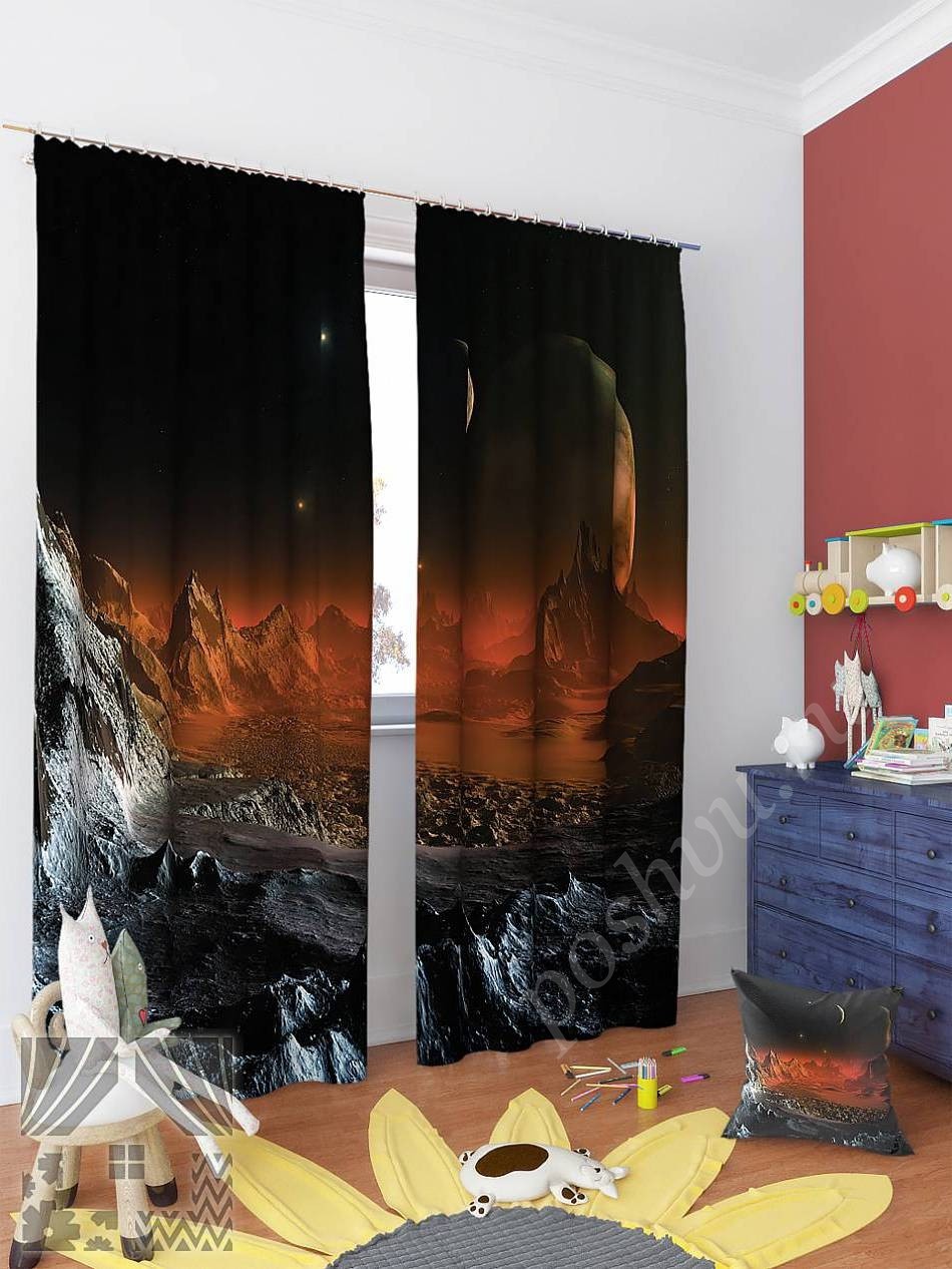 Необыкновенный комплект готовых фото штор с изображением ландшафта неизвестной планеты для гостиной или детской