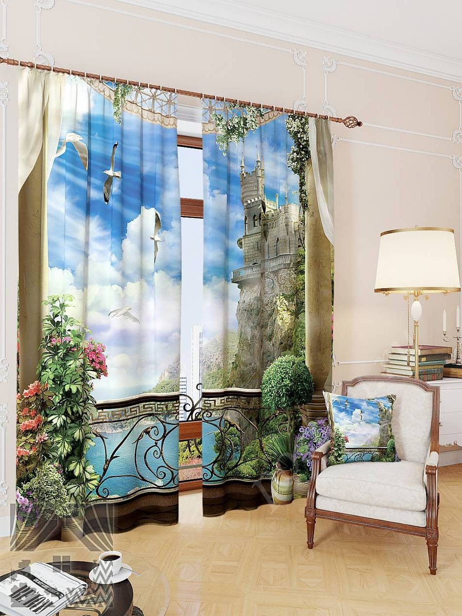 Шикарный комплект готовых фото штор с изображением замка на прибрежных скалах для гостиной или спальни