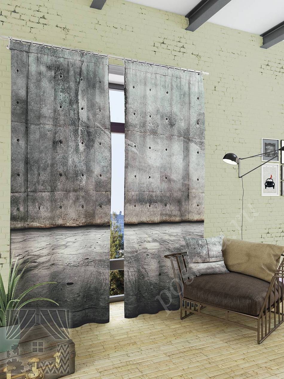 Стильный комплект готовых фото штор с изображением бетонной стены и пола для гостиной