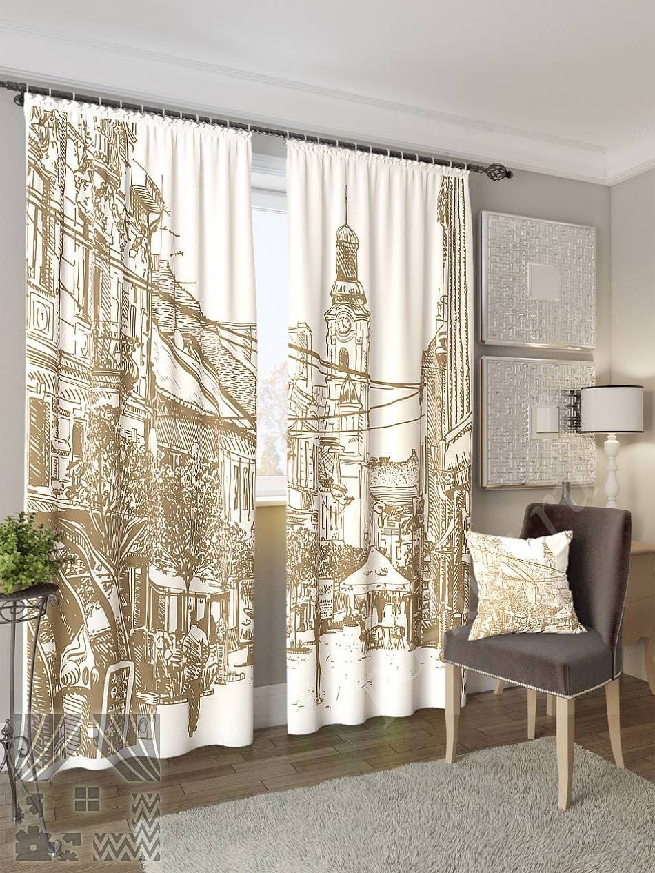 Стильный комплект готовых фото штор с изображением городской улицы для гостиной или кабинета