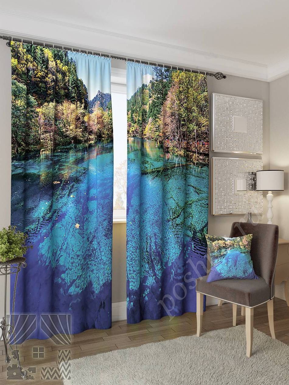 Яркий комплект готовых фото штор с изображением реки в тропиках для гостиной
