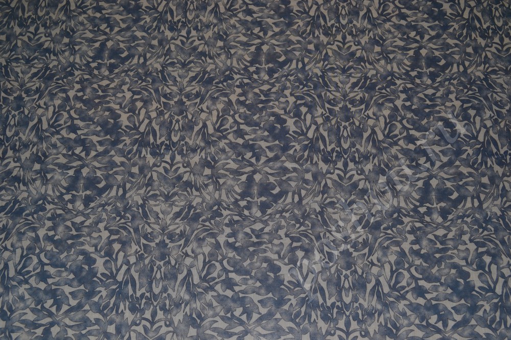 Ткань хлопок серо-бежевого оттенка в синие листики