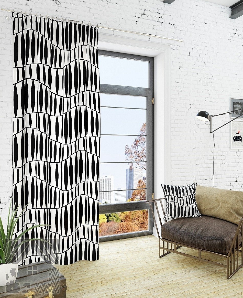 Черно-белые портьеры с креативным принтом для гостиной или офиса