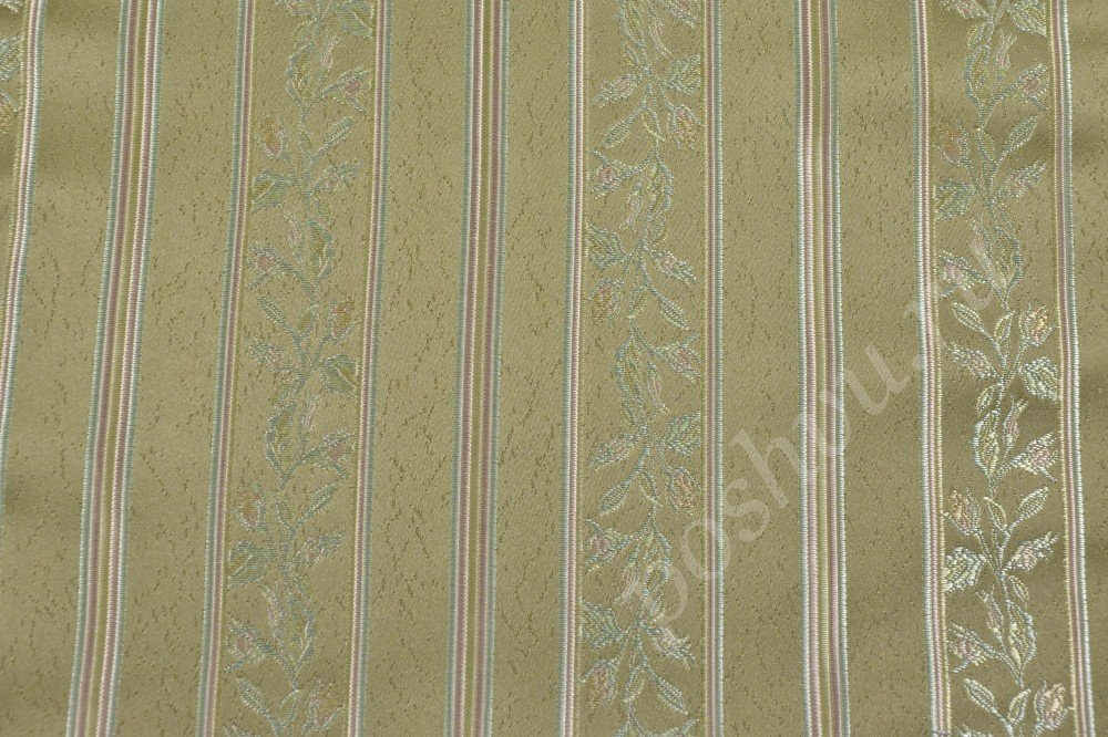 Ткань для мебели жаккард оливкового цвета с полосами и цветочным узором