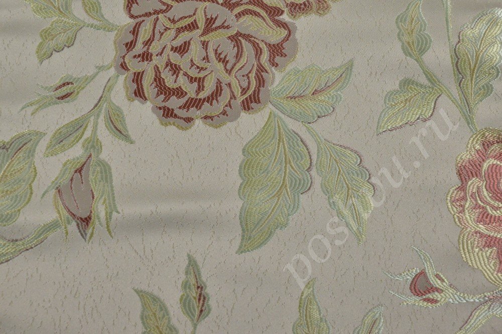 Ткань для мебели жаккард светло-бежевого цвета с крупными розами