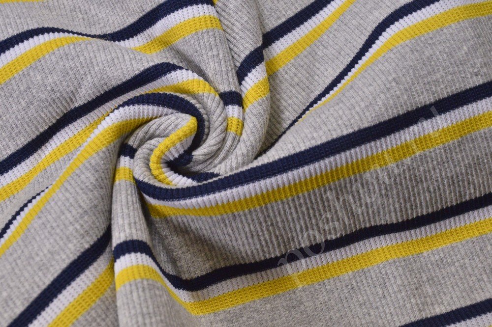 Ткань трикотажная ризинка серого цвета с разноцветными полосами с эластаном