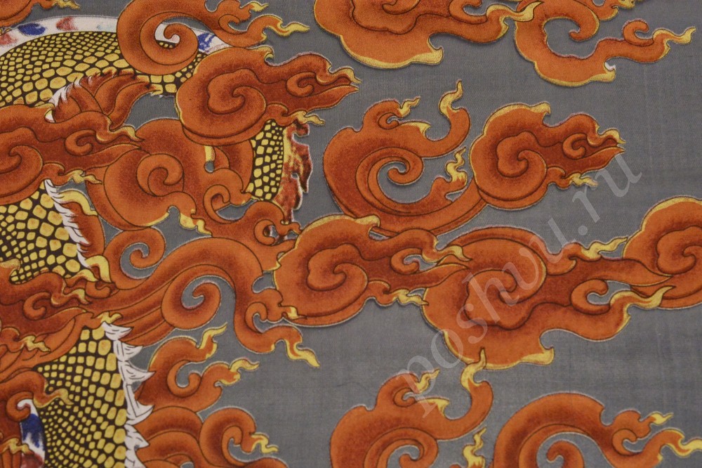 Ткань деворэ серого цвета с изображением дракона