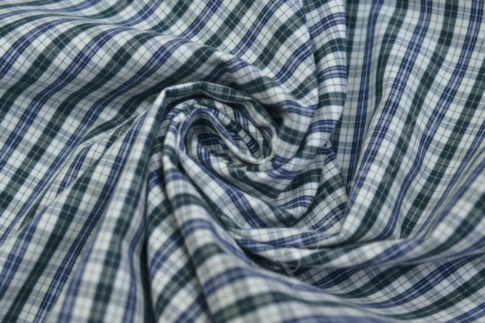 Сорочечная пестротканная ткань белого оттенка в синию и зеленую клеточку