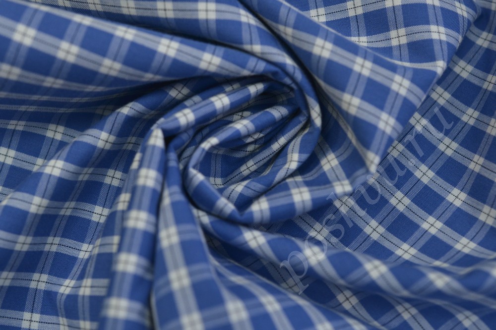 Ткань сорочечная пестротканная  синего оттенка в клетчатый белый рисунок