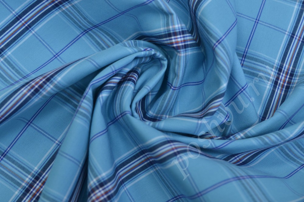 Ткань сорочечная пестротканная  синего оттенка  в темно-синюю и красную полоску
