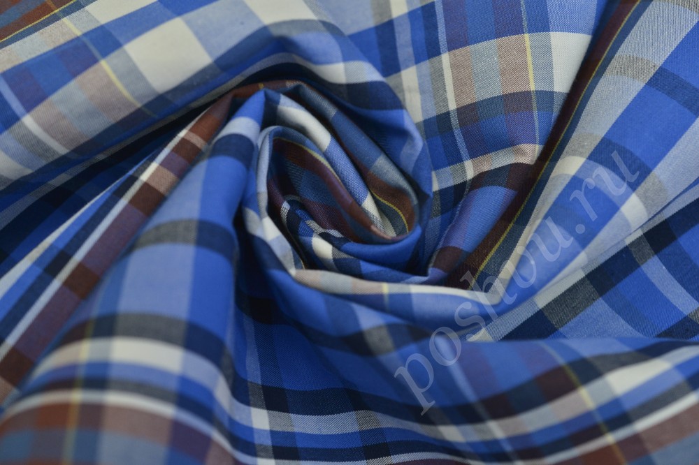 Ткань сорочечная пестротканная  в синий с коричневым клетчатый узор