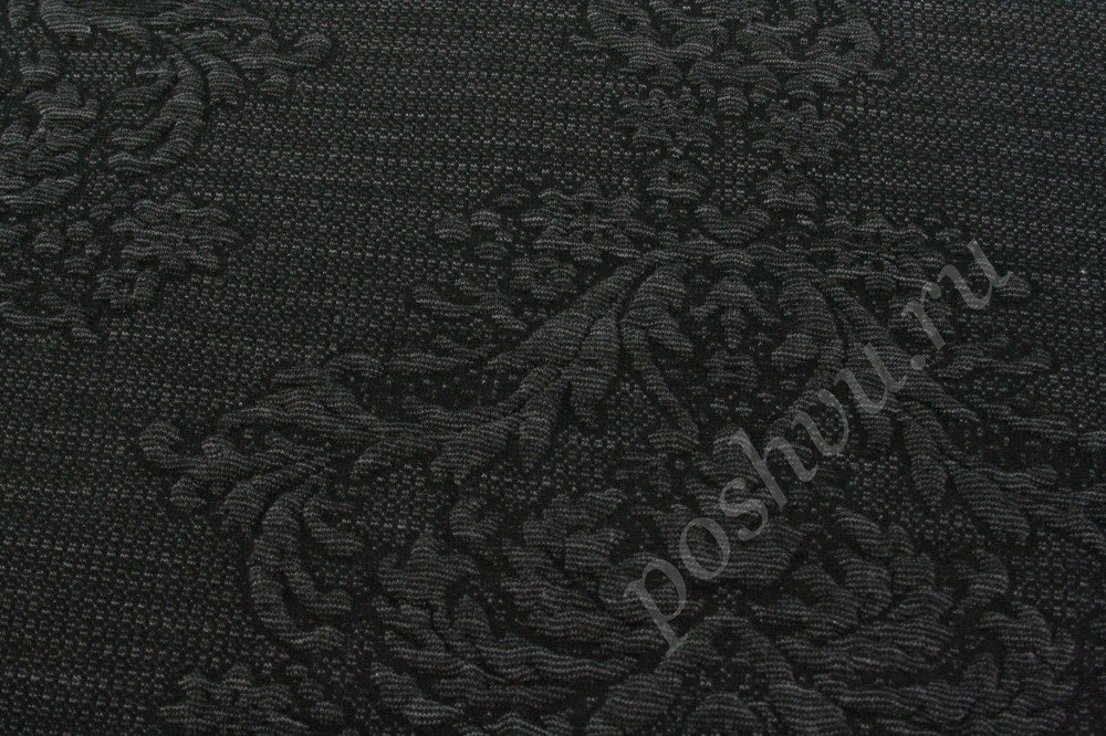 Ткань трикотаж черно-серого оттенка с цветочным узором
