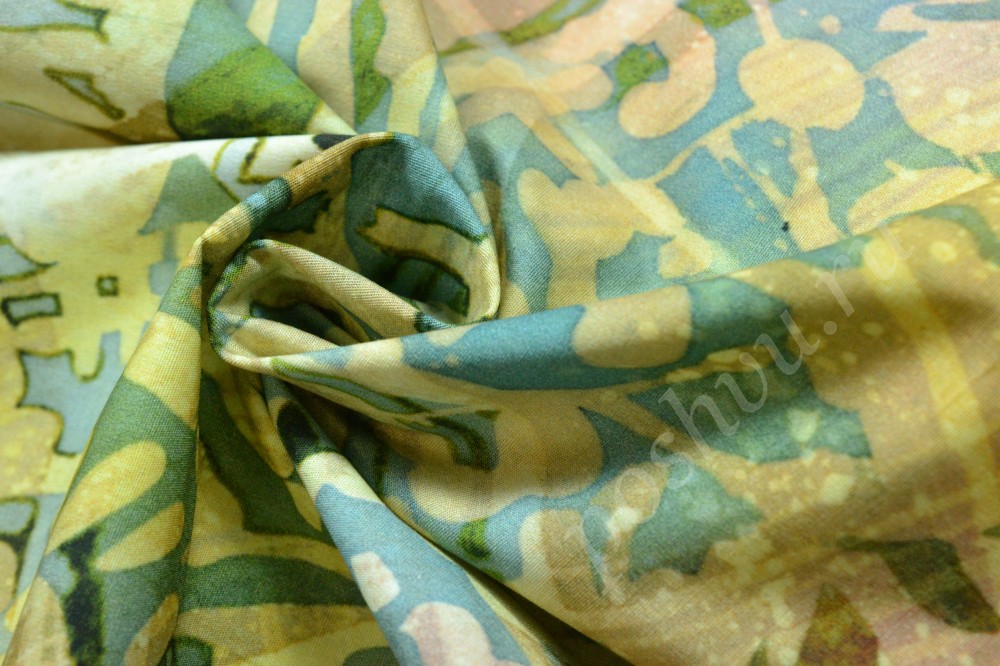 Ткань хлопок принт с абстрактным узором оливкового и зеленого оттенков