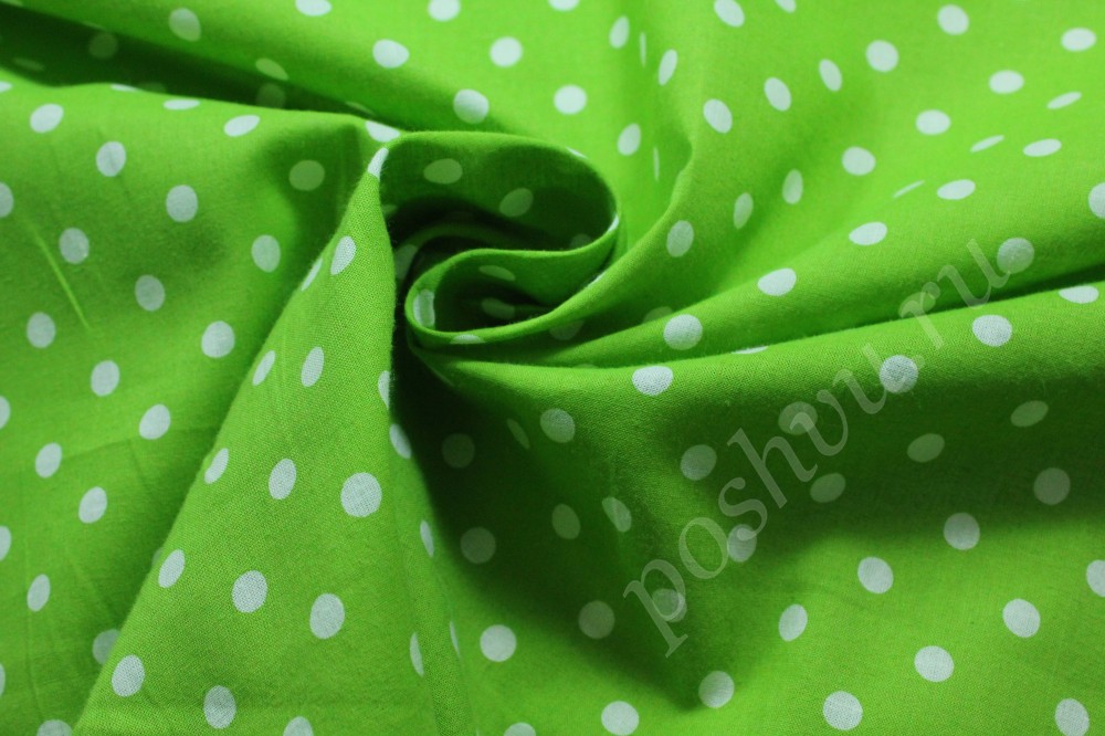 Ткань хлопок ярко-зеленого оттенка в белый горошек