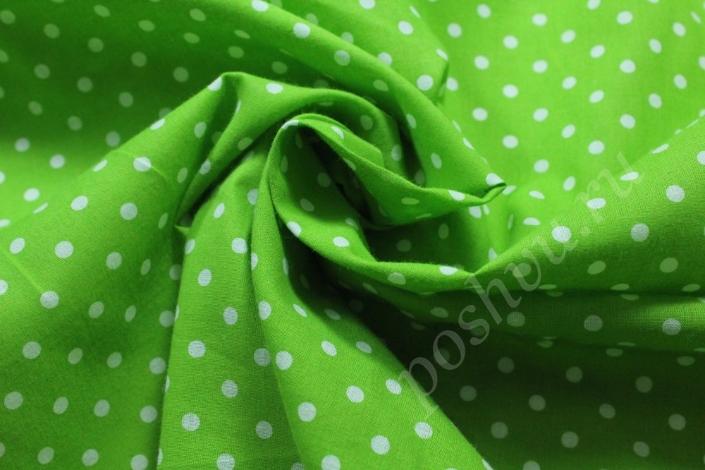 Ткань хлопок зеленого оттенка в белый горошек