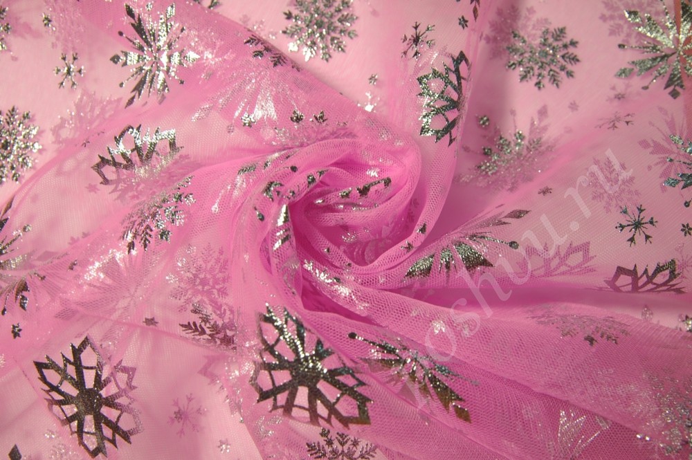 Фатин с фольгированными снежинками розового цвета