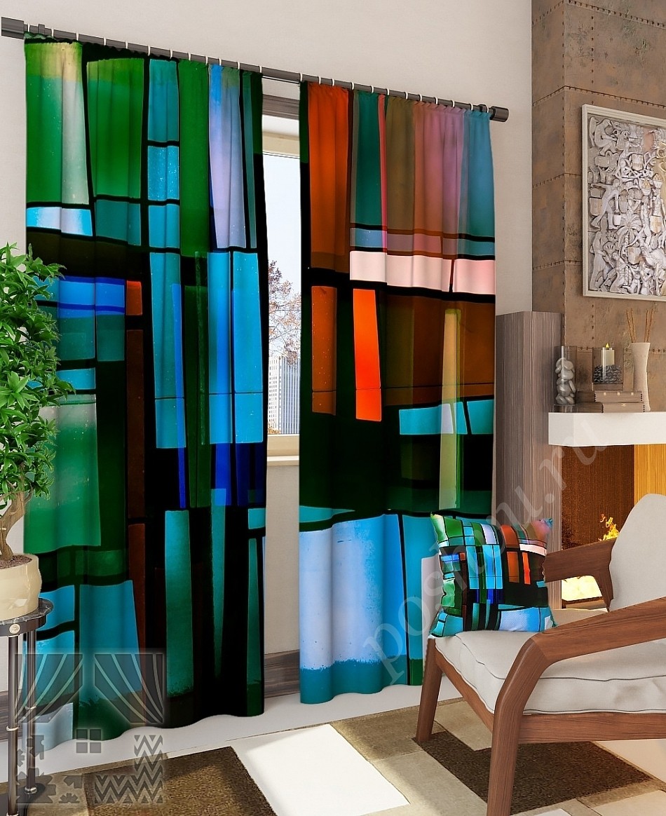 Абстрактный комплект готовых фото штор с изображением витражных стекол для гостиной или офиса