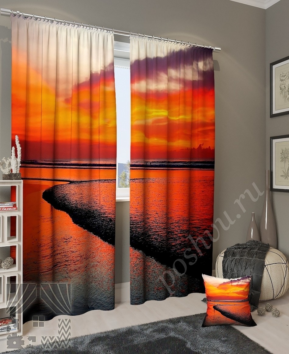 Богатый комплект готовых ото штор с изображением морского заката для спальни