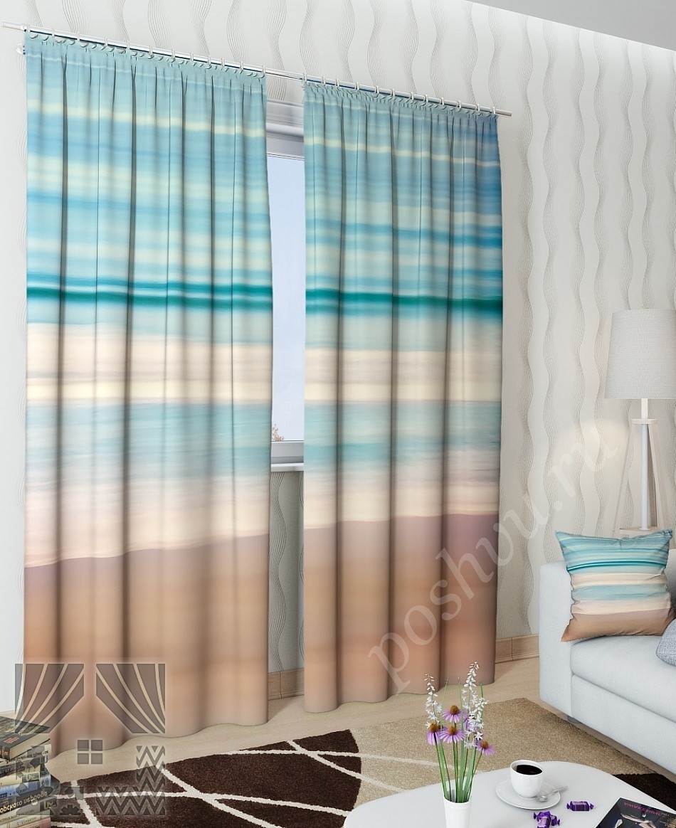 Комплект готовых фото штор с абстрактным изображением моря и пляжа для гостиной или спальни