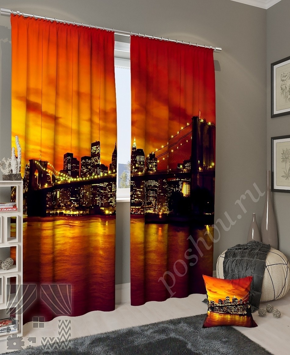Комплект готовых фото штор с изображением Бруклинского моста на закате для гостиной или офиса