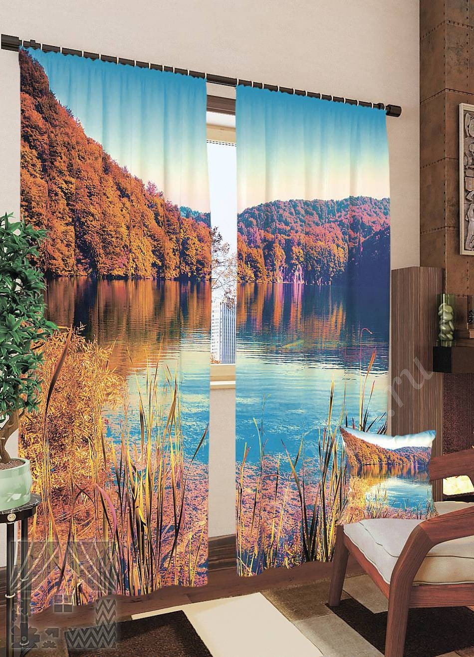 Комплект готовых фото штор с изображением озера в осеннем лесу для гостиной или спальни