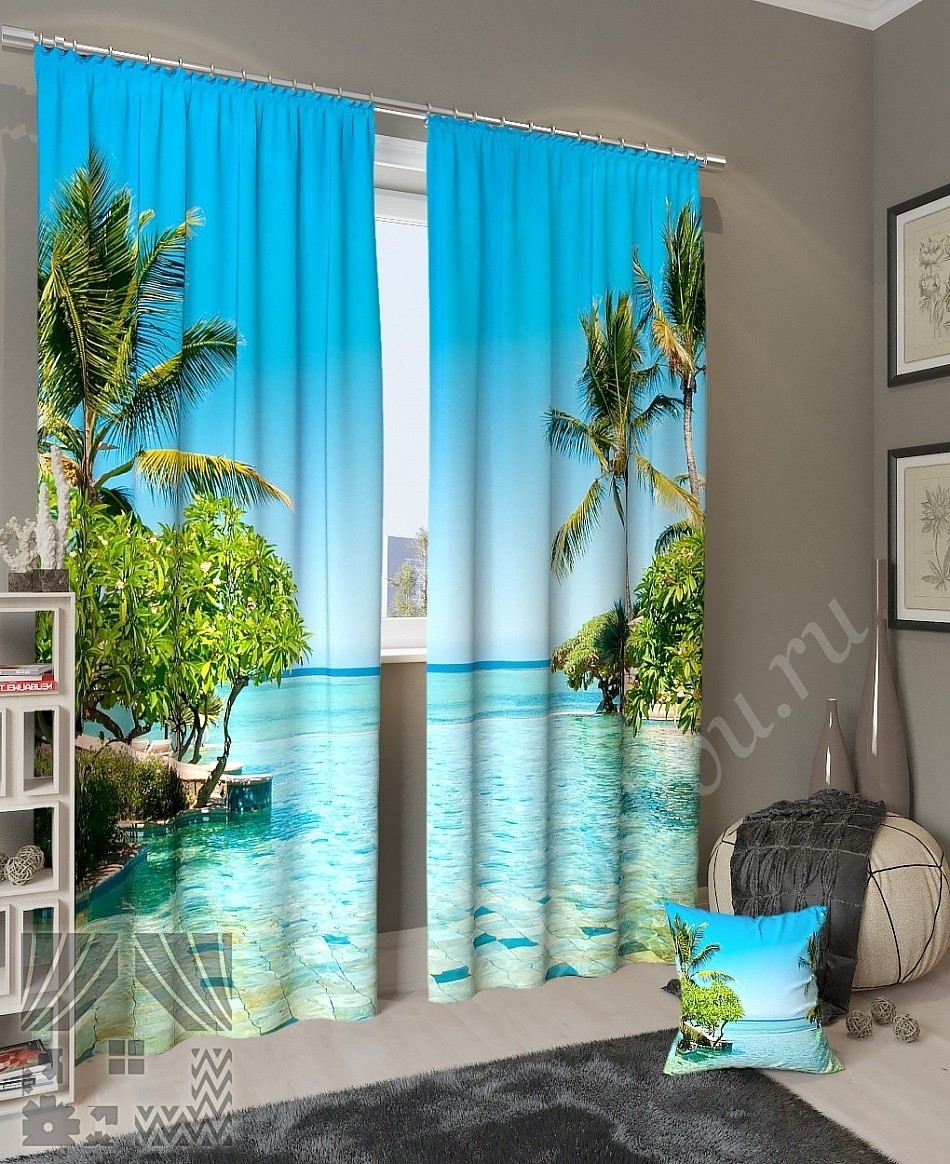 Комплект готовых фото штор с изображением бассейна на тропическом острове для гостиной или спальни
