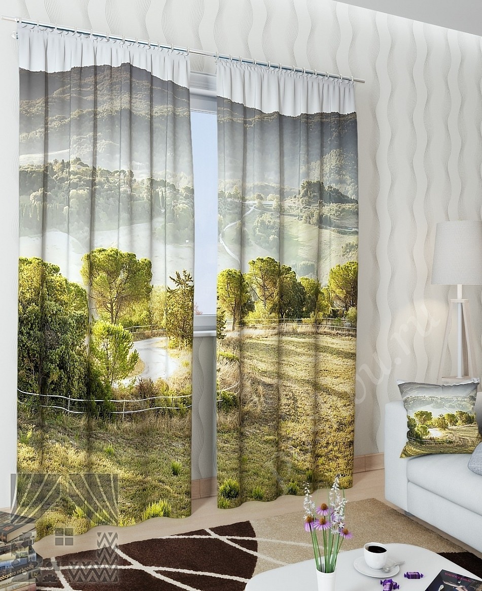 Комплект готовых фото штор с изображением долины в горах для гостиной или спальни