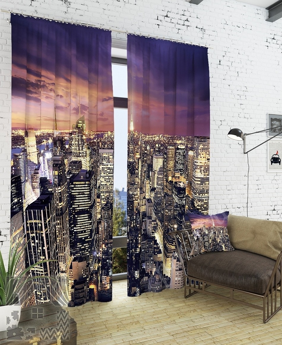Комплект готовых фото штор с изображением ночного мегаполиса для гостиной или офиса