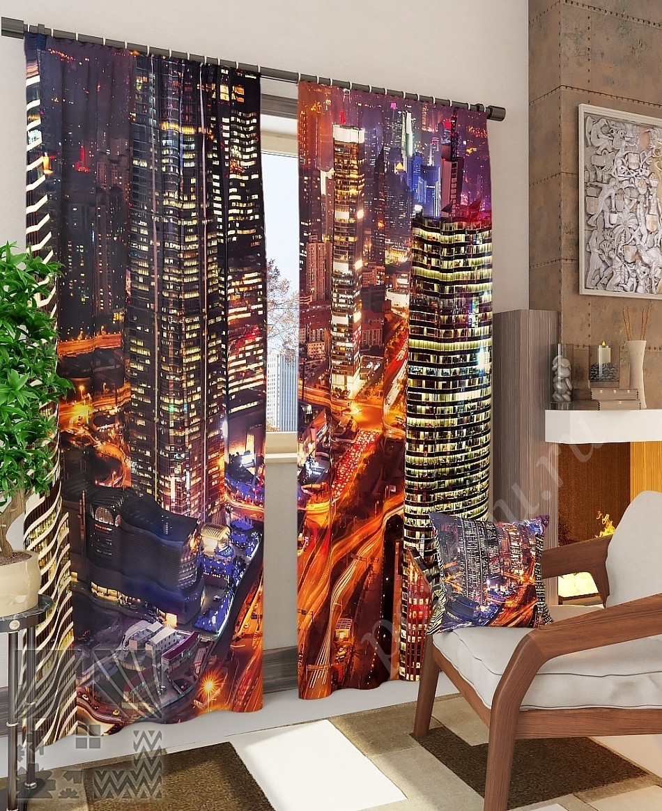 Комплект готовых фото штор с изображением ночных магистралей мегаполиса и небоскребов для гостиной или офиса