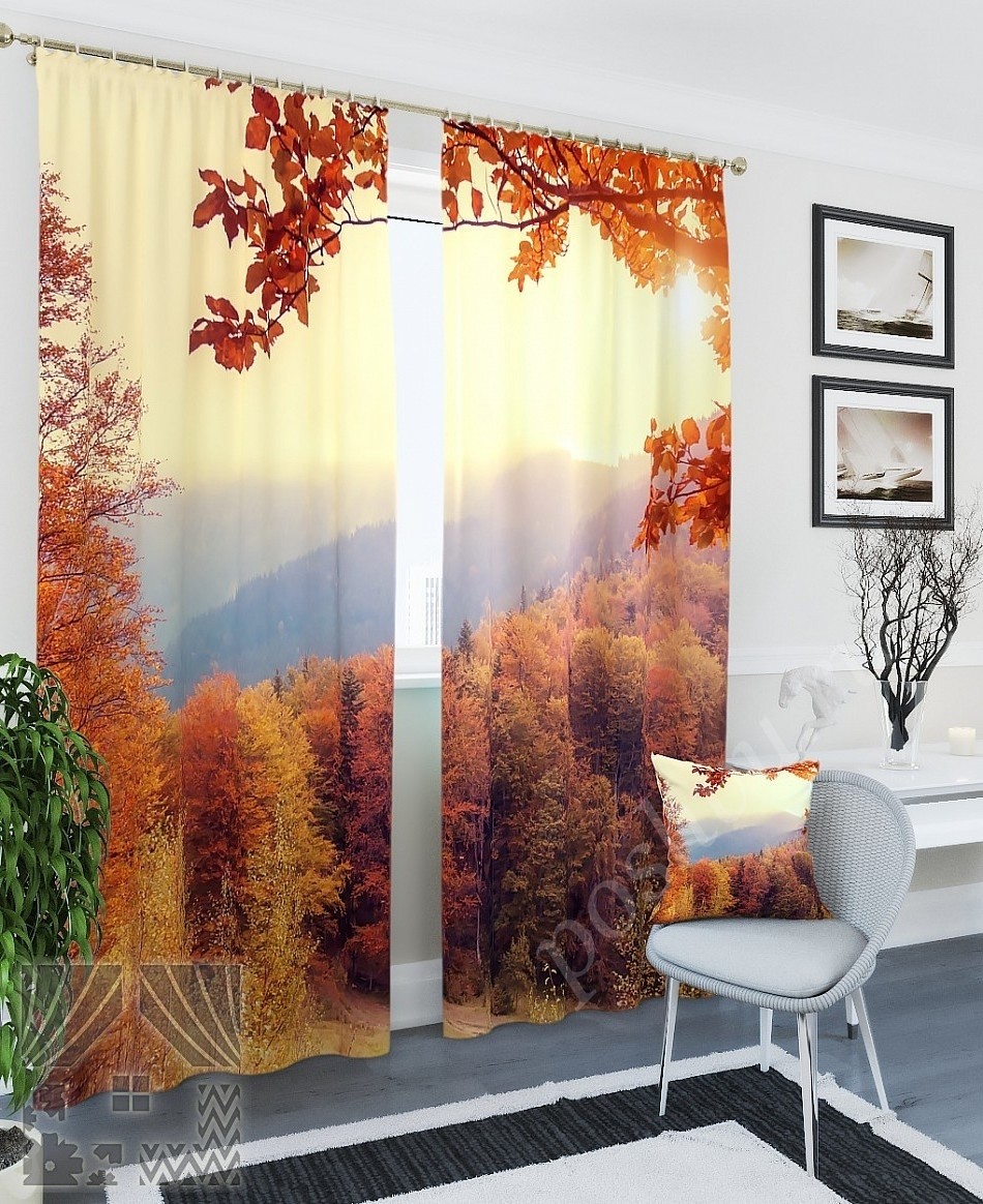 Комплект готовых фото штор с изображением осеннего леса для гостиной или спальни
