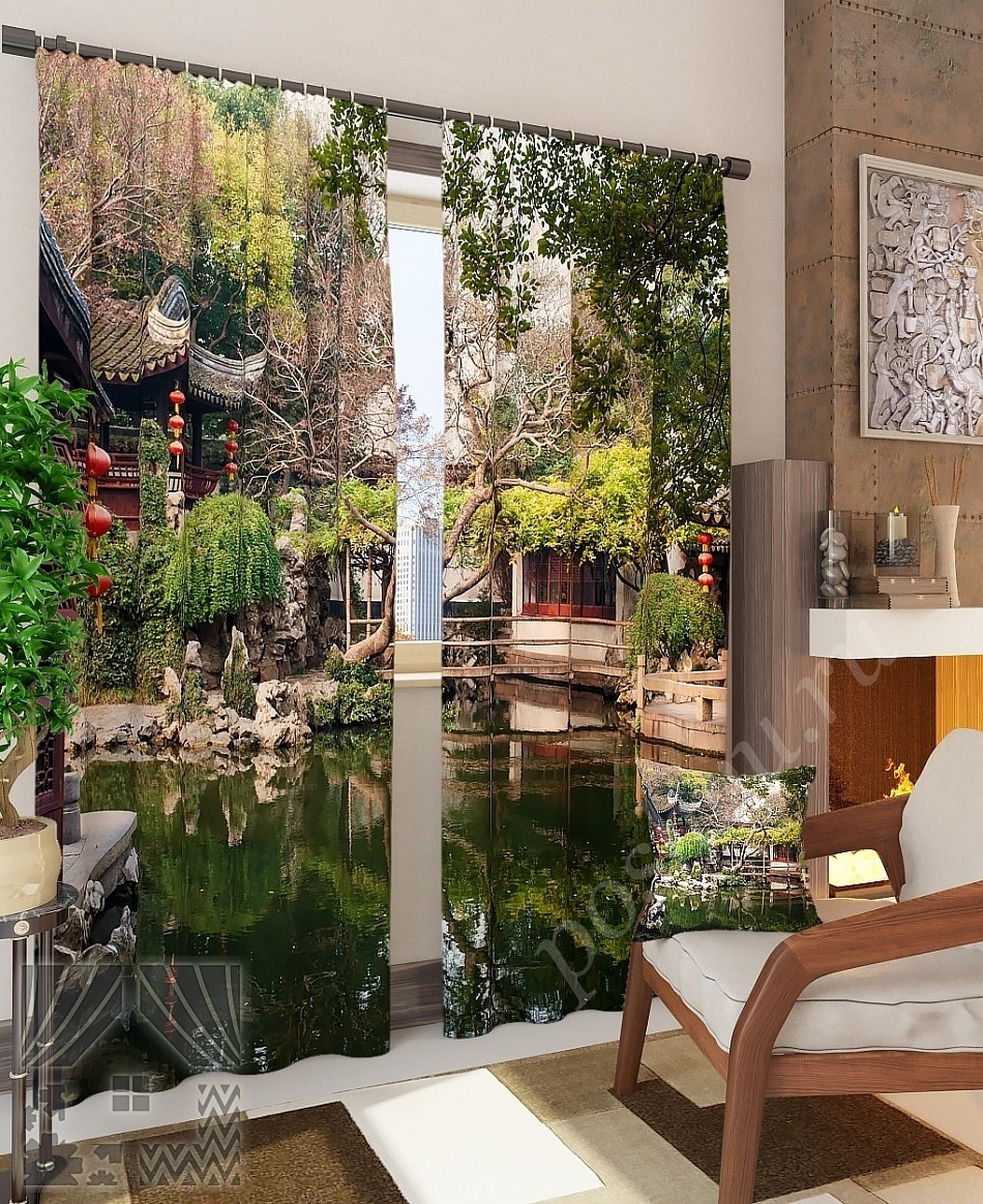 Комплект готовых фото штор с изображением пруда в китайском саду для гостиной или спальни