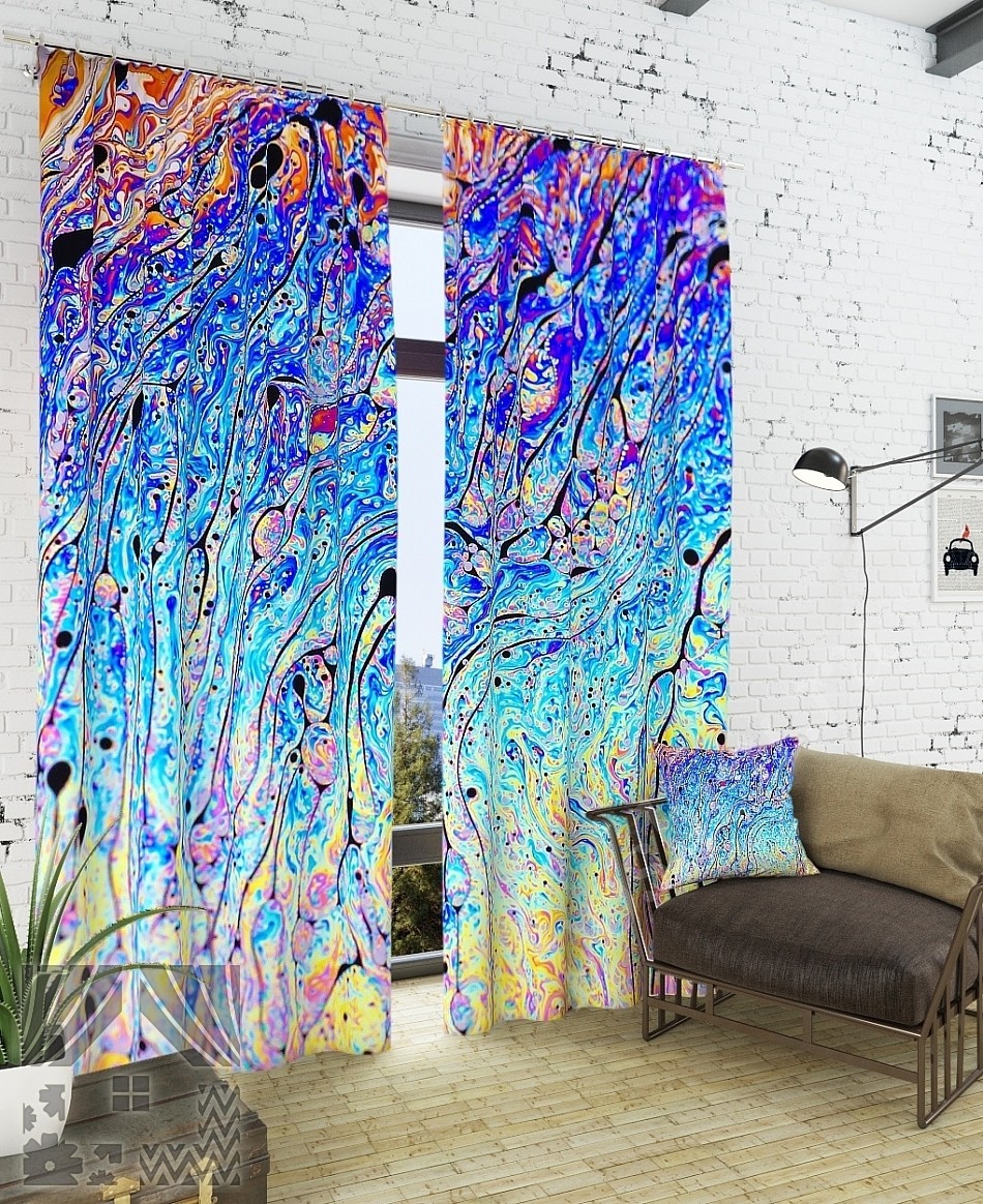 Комплект готовых фото штор с изображением психоделической абстрактной картины для гостиной или офиса