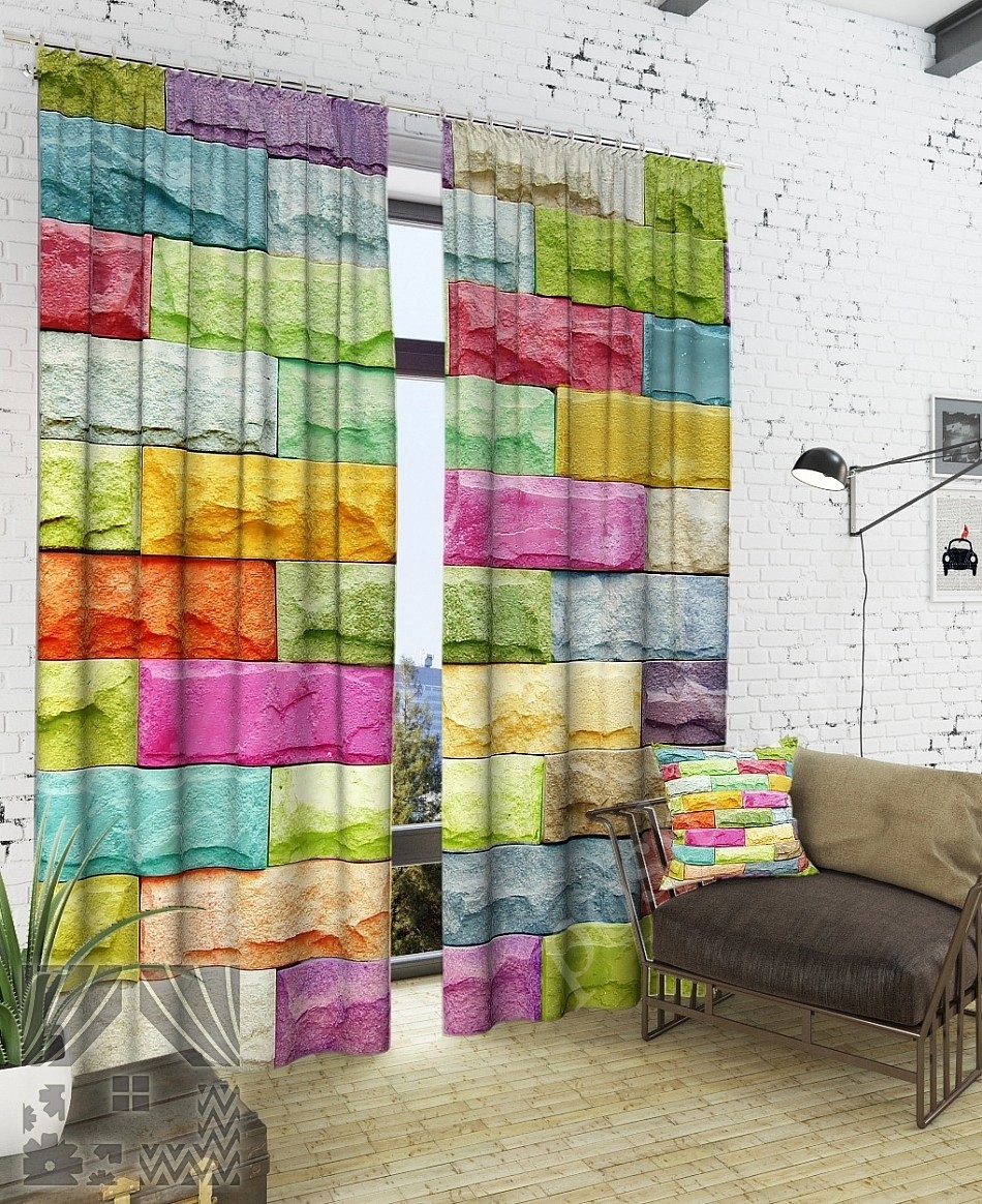 Комплект готовых фото штор с изображением разноцветной стены для гостиной или офиса