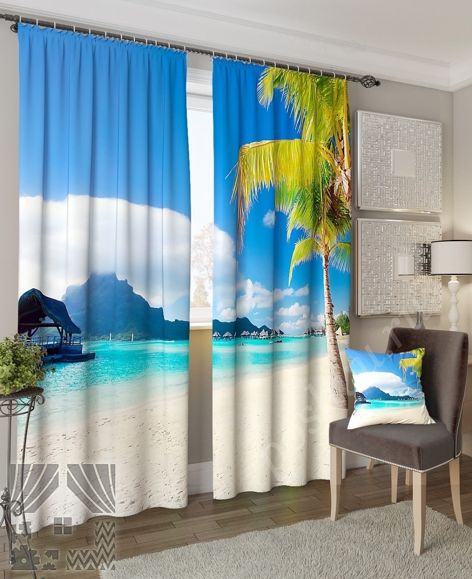 Комплект готовых фото штор с изображением тропического пляжа для гостиной или спальни