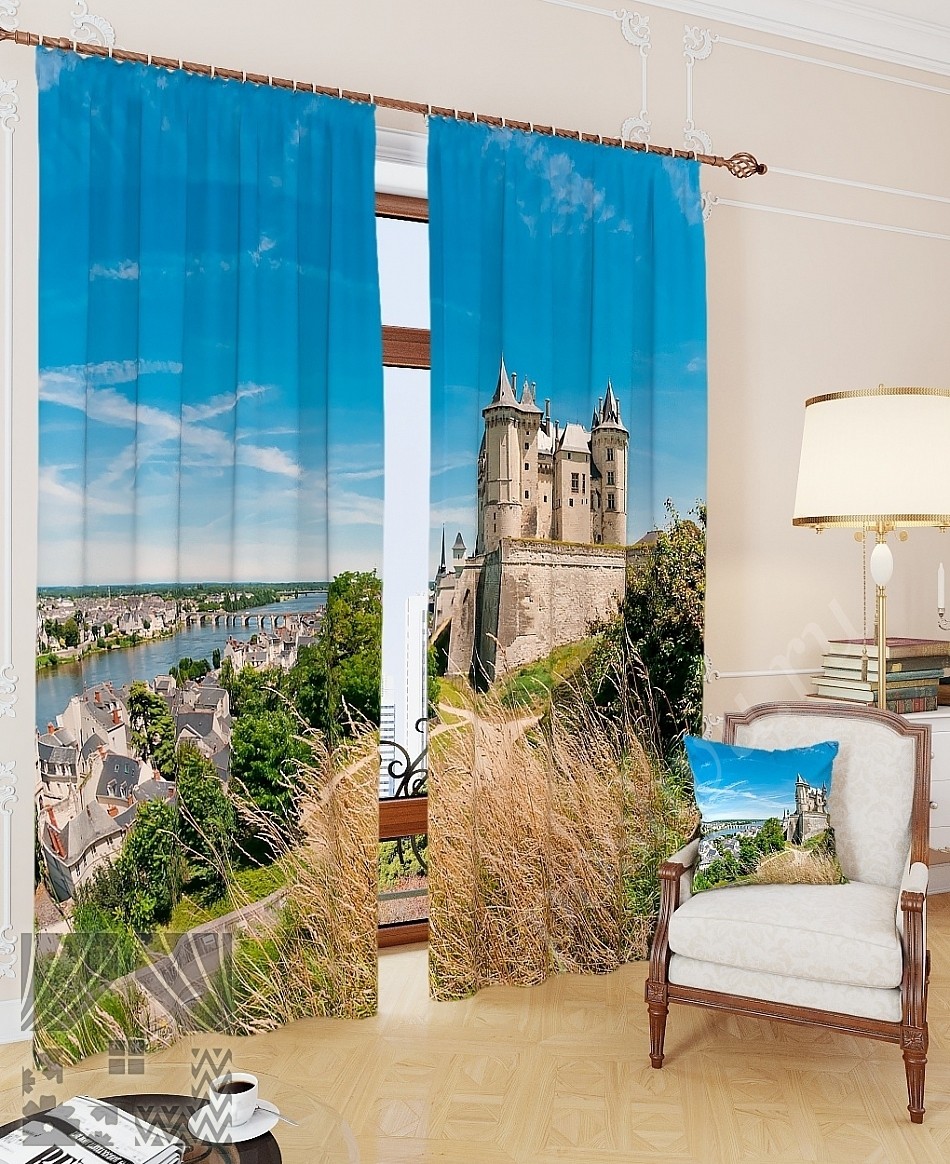 Комплект готовых фото штор с изображением замка на берегу реки для гостиной или спальни