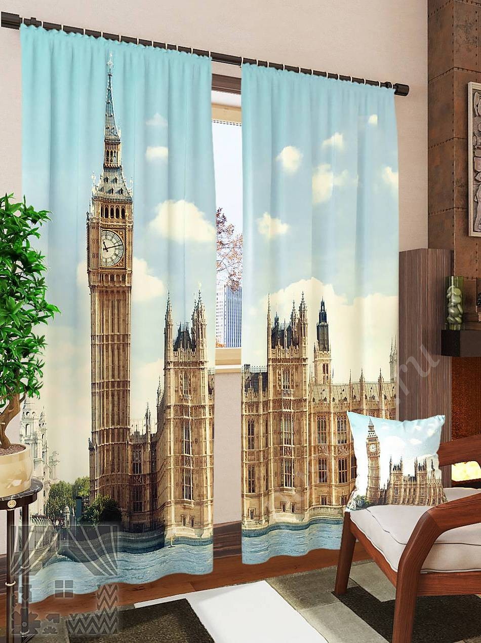 Красивый комплект готовых фото штор с изображением лондонского Биг-Бена для гостиной или кабинета